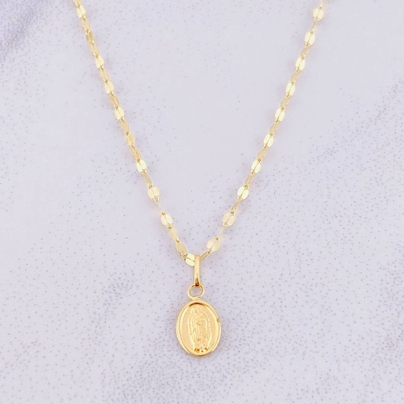 Set Cadena Flor Espejo + Dije Virgen de Guadalupe / 1.25g / 45cm Oro Amarillo 18K