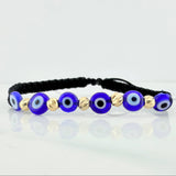 Pulsera Tejida Negra Ojos Turcos Azules Oro Amarillo 18K