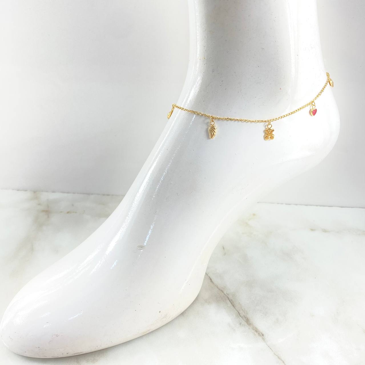 Tobillera Espiga 3.15gr / 26cm / 1.5mm Corazones-Ala-Oso Ts- Oso Peluche Oro Amarillo 18K *