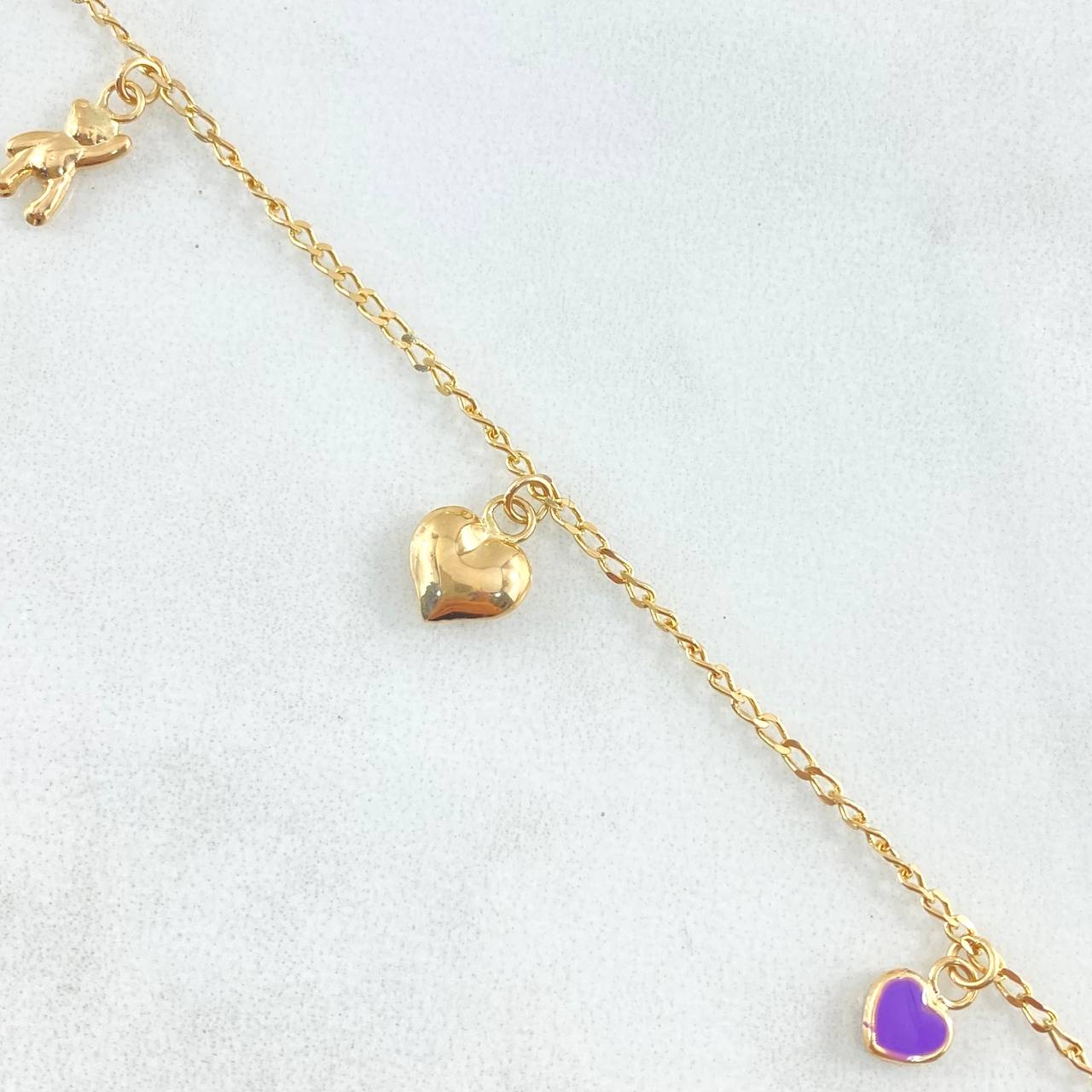 Tobillera Espiga 3.1gr / 25cm / 1.5mm Osos-Corazones-Trebol Oro Amarillo 18K *