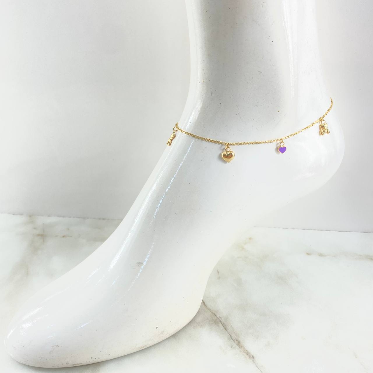 Tobillera Espiga 3.1gr / 25cm / 1.5mm Osos-Corazones-Trebol Oro Amarillo 18K *