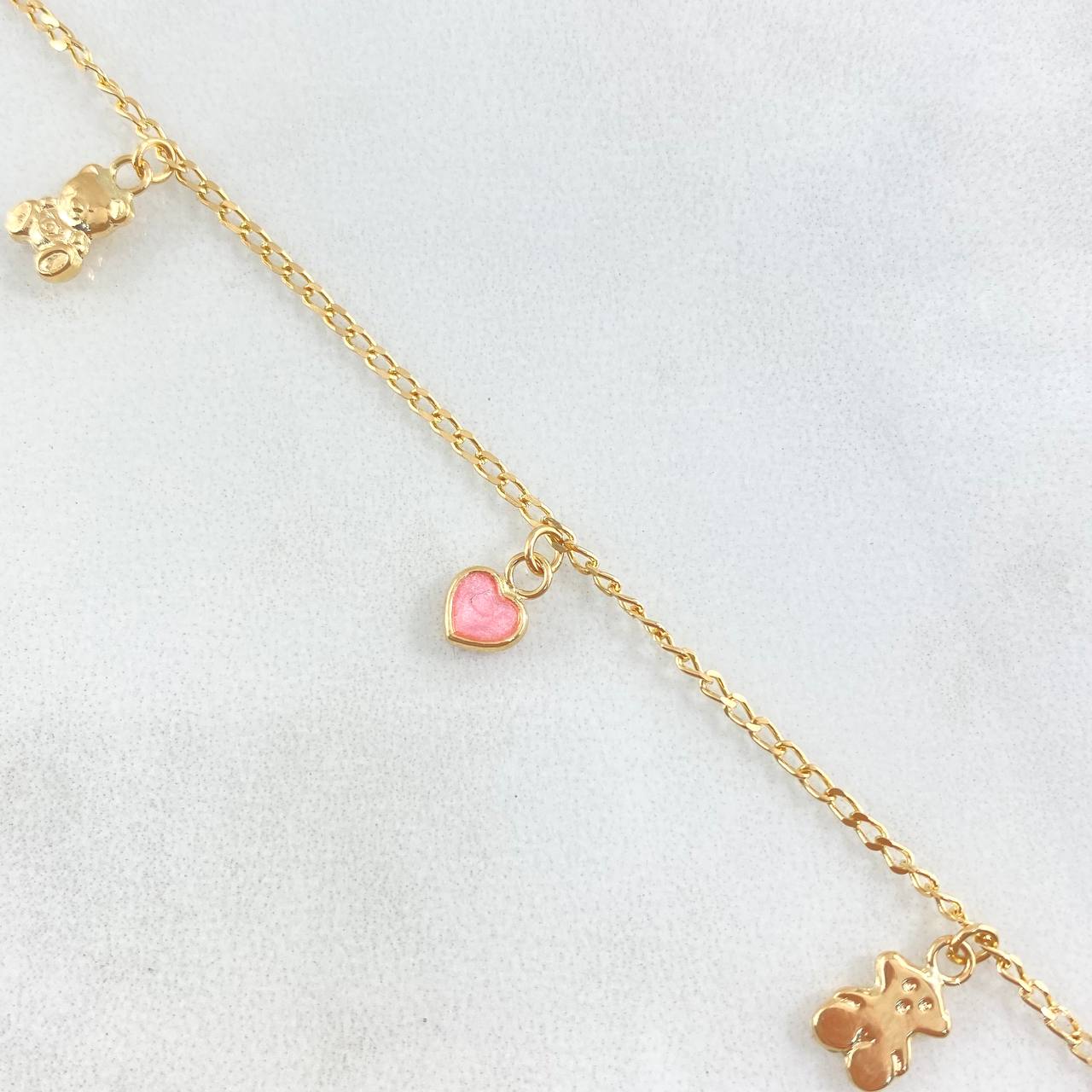 Tobillera Espiga 3.1gr / 23cm / 1.5mm Osos-Corazones-Trebol Oro Amarillo 18K *