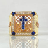 Anillo Recuadro Confesionario Cruzado 13.05gr / T10 1/4 / Circones Blancos Azules Tres Oros 18K *