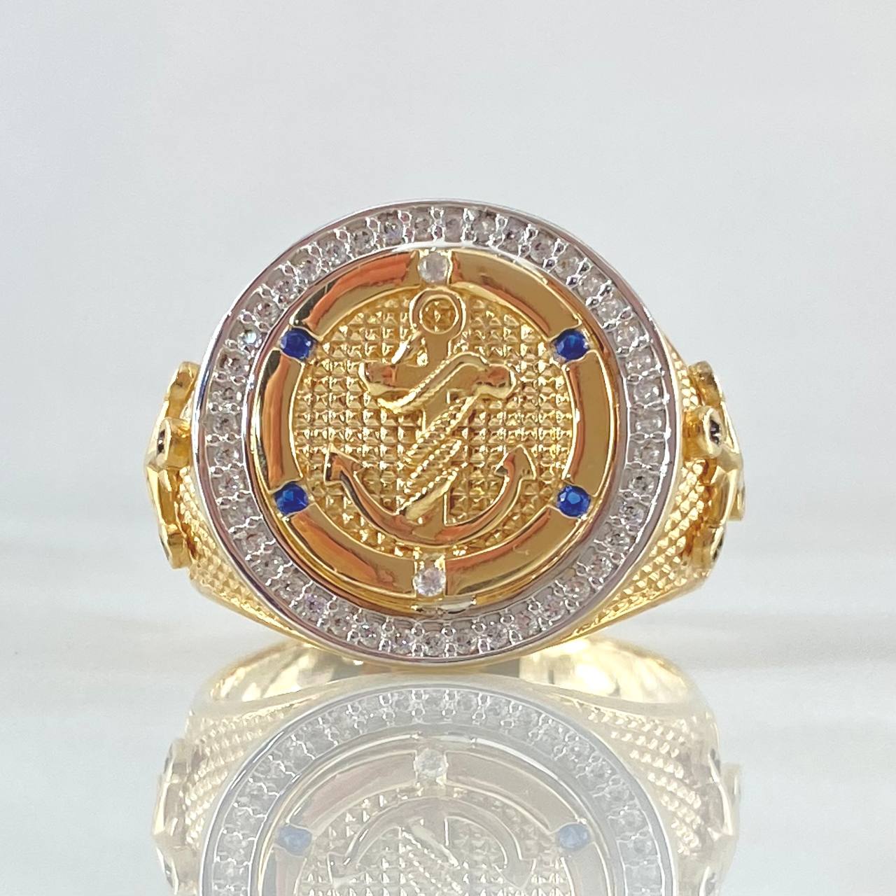 Anillo Sello Ancla Amarrada 9.65gr / T11 / Circones Azules Blancos Dos Oros Amarillo Blanco 18K *