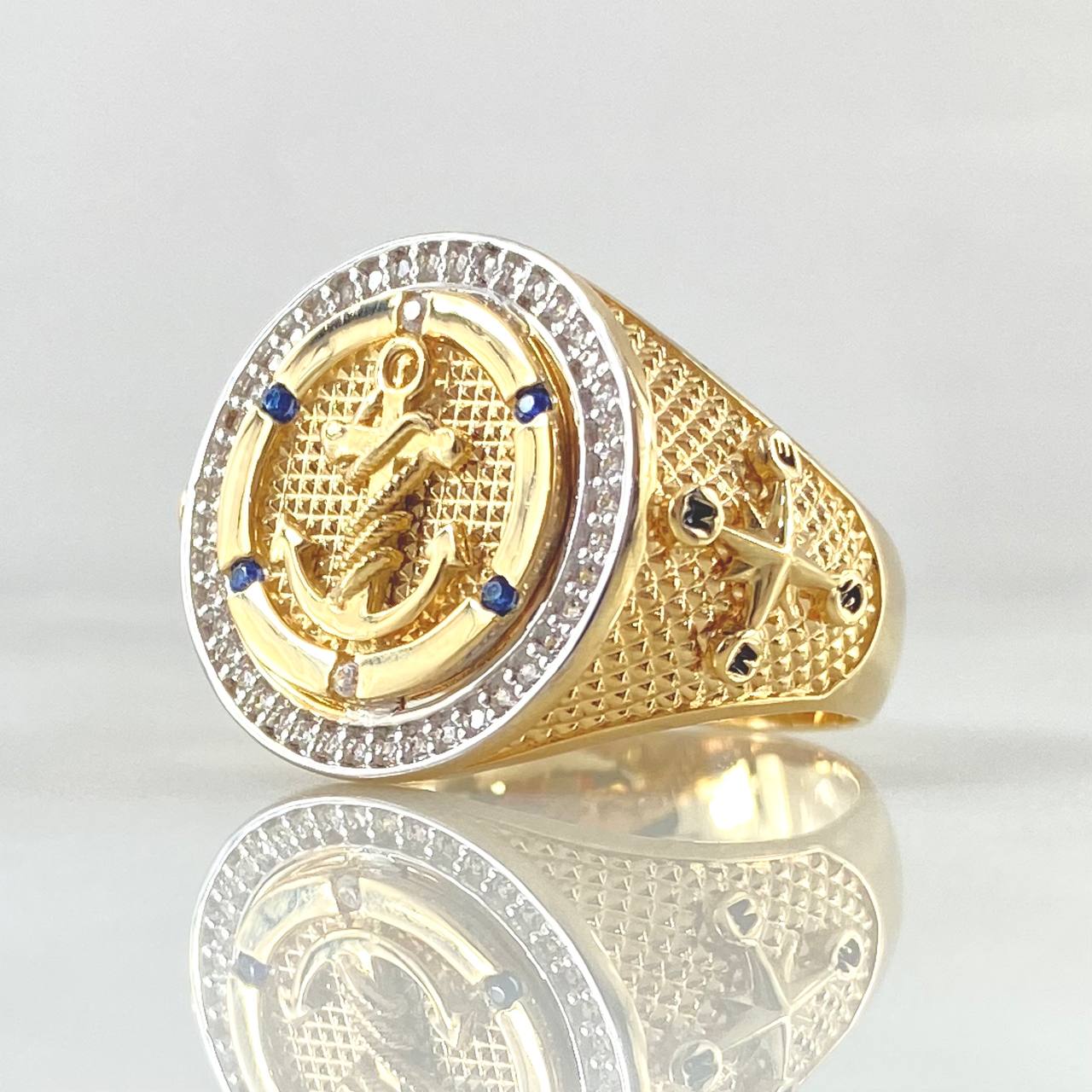 Anillo Sello Ancla Amarrada 9.65gr / T11 / Circones Azules Blancos Dos Oros Amarillo Blanco 18K *