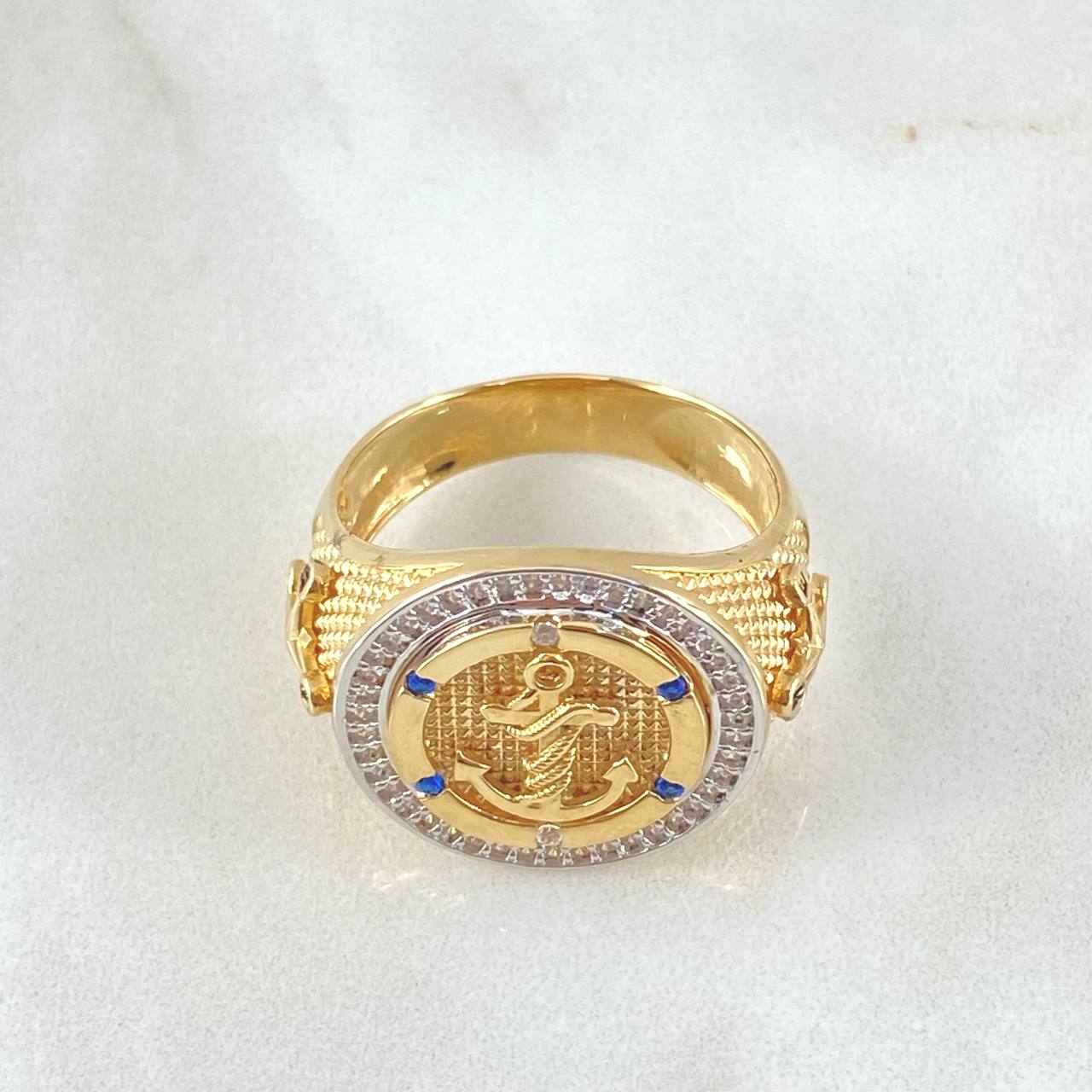 Anillo Sello Ancla Amarrada 9.65gr / T11 / Circones Azules Blancos Dos Oros Amarillo Blanco 18K *