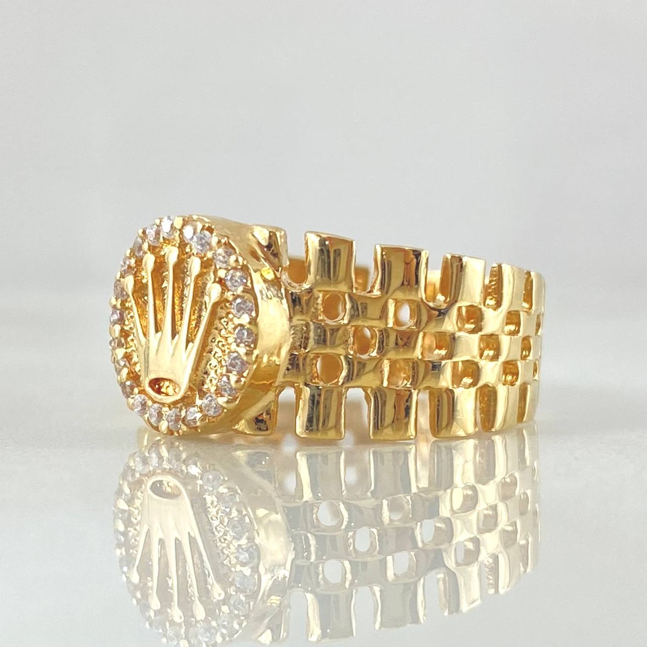 Anillo Correa Enmallada Corona RX 4.1gr / T7 / Circones Blancos Oro Amarillo 18K *