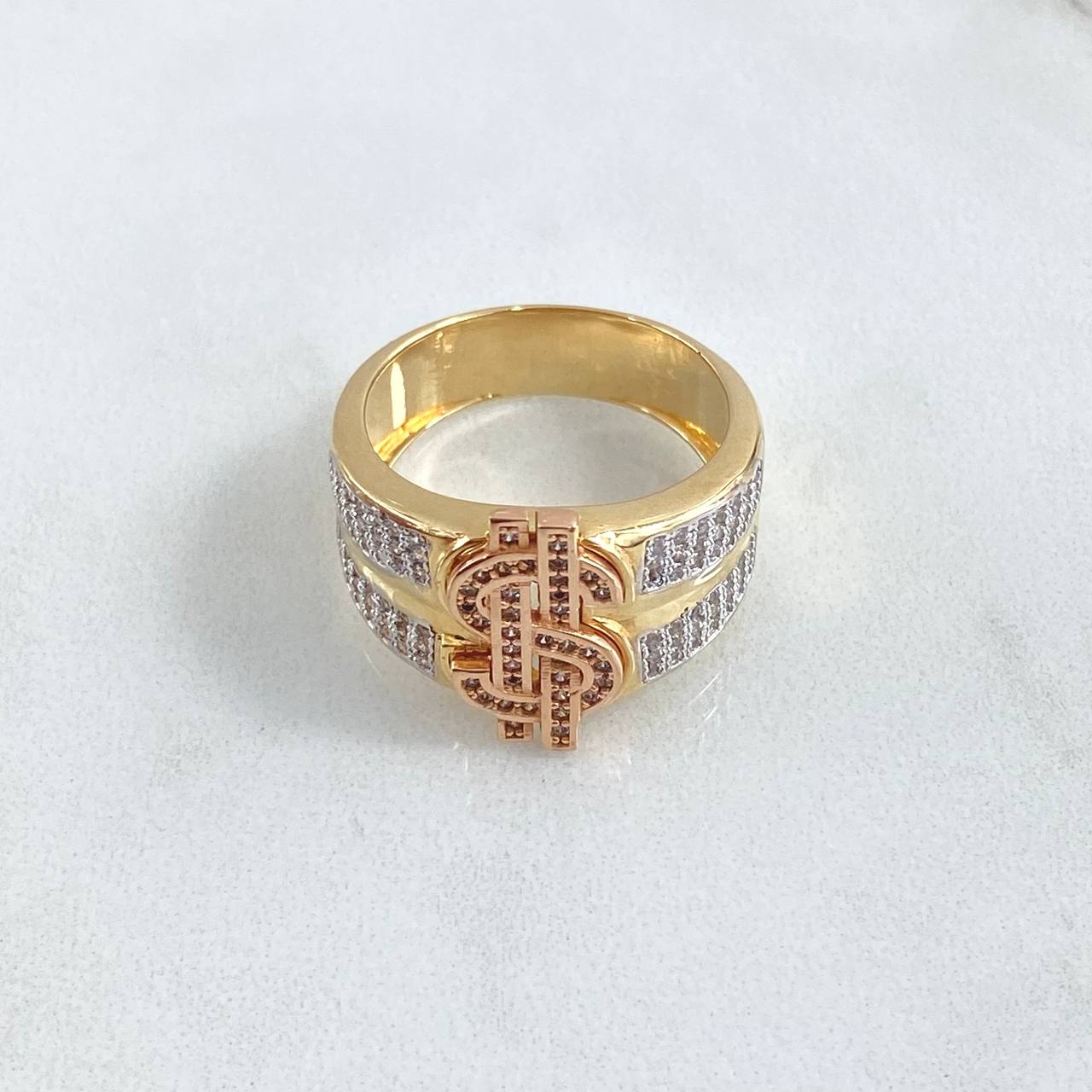 Anillo Signo Dólar 9.8gr / T10 / Circones Blancos Tres Oros 18K