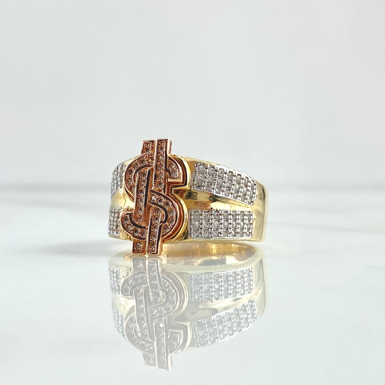 Anillo Signo Dólar 9.8gr / T10 / Circones Blancos Tres Oros 18K