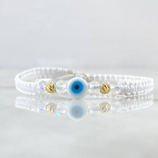 Pulsera Blanca Ojo Turco 0.2gr / 4mm Bolas Diamantadas 2 Und Oro Amarillo 18K (A.C)
