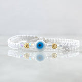 Pulsera Blanca Ojo Turco 4mm Bolas Diamantadas 2 Und Oro Amarillo 18K (A.C)