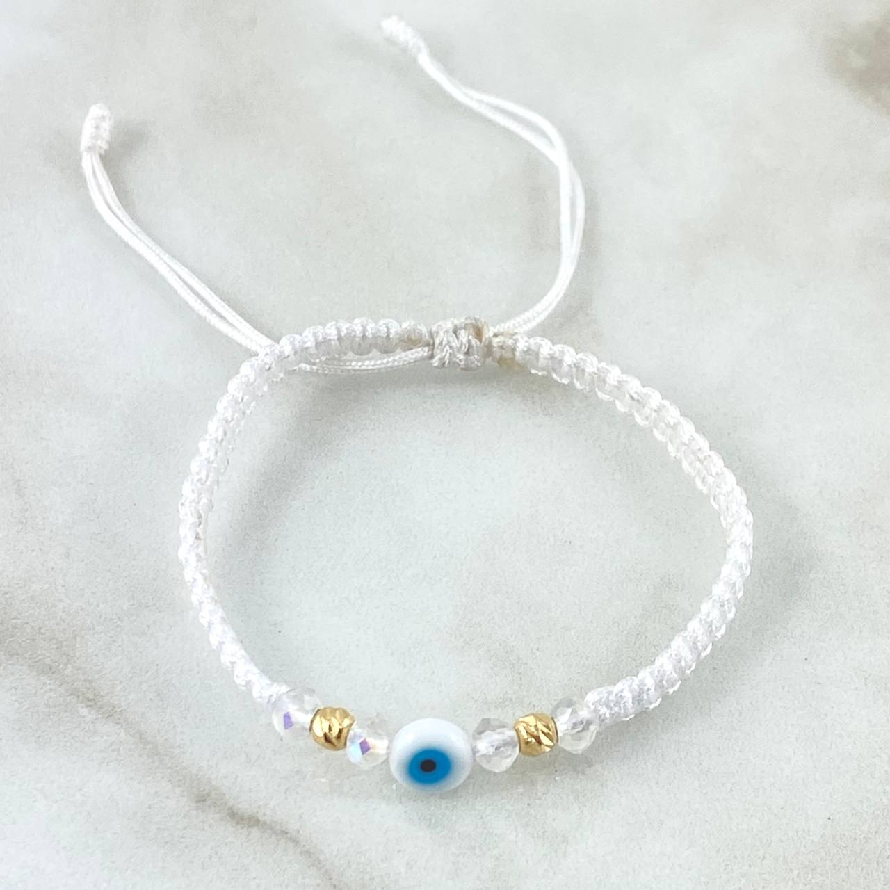 Pulsera Blanca Ojo Turco 4mm Bolas Diamantadas 2 Und Oro Amarillo 18K (A.C)