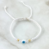 Pulsera Blanca Ojo Turco 4mm Bolas Diamantadas 2 Und Oro Amarillo 18K (A.C)