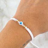 Pulsera Blanca Ojo Turco 4mm Bolas Diamantadas 2 Und Oro Amarillo 18K (A.C)
