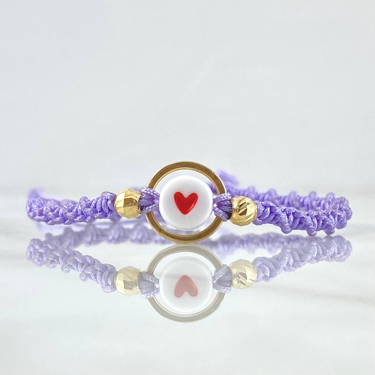 Pulsera Lila Circulo Corazon 0.65gr / 4mm Bolas Diamantadas 8 Und Oro Amarillo 18K *
