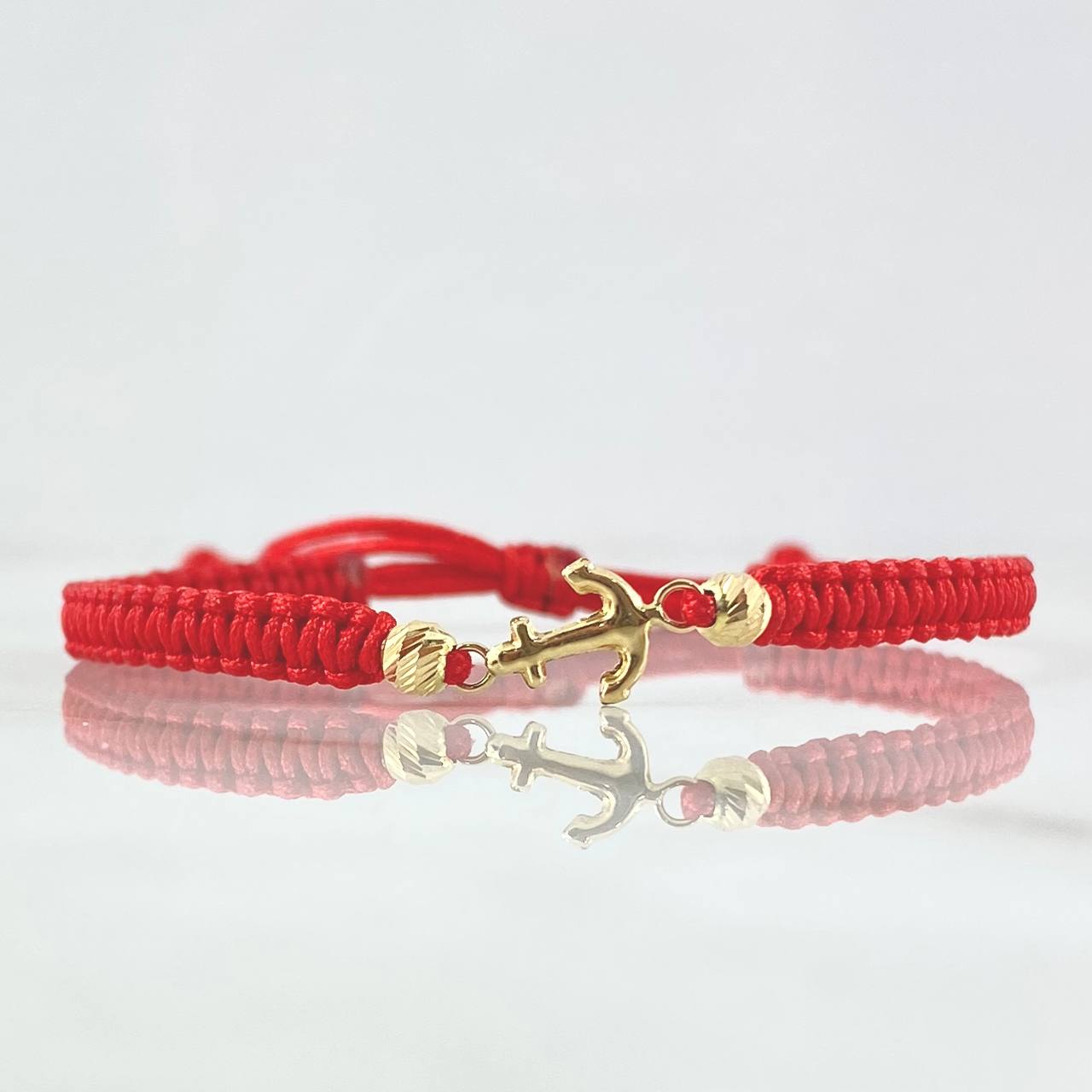 Pulsera Roja Ancla 0.5gr / 4mm Bolas Diamantadas 2 Und Oro Amarillo 18K *