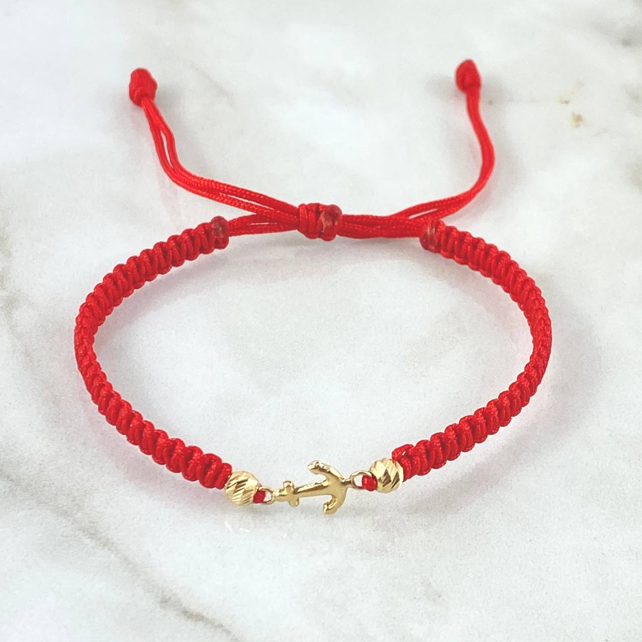 Pulsera Roja Ancla 0.5gr / 4mm Bolas Diamantadas 2 Und Oro Amarillo 18K *