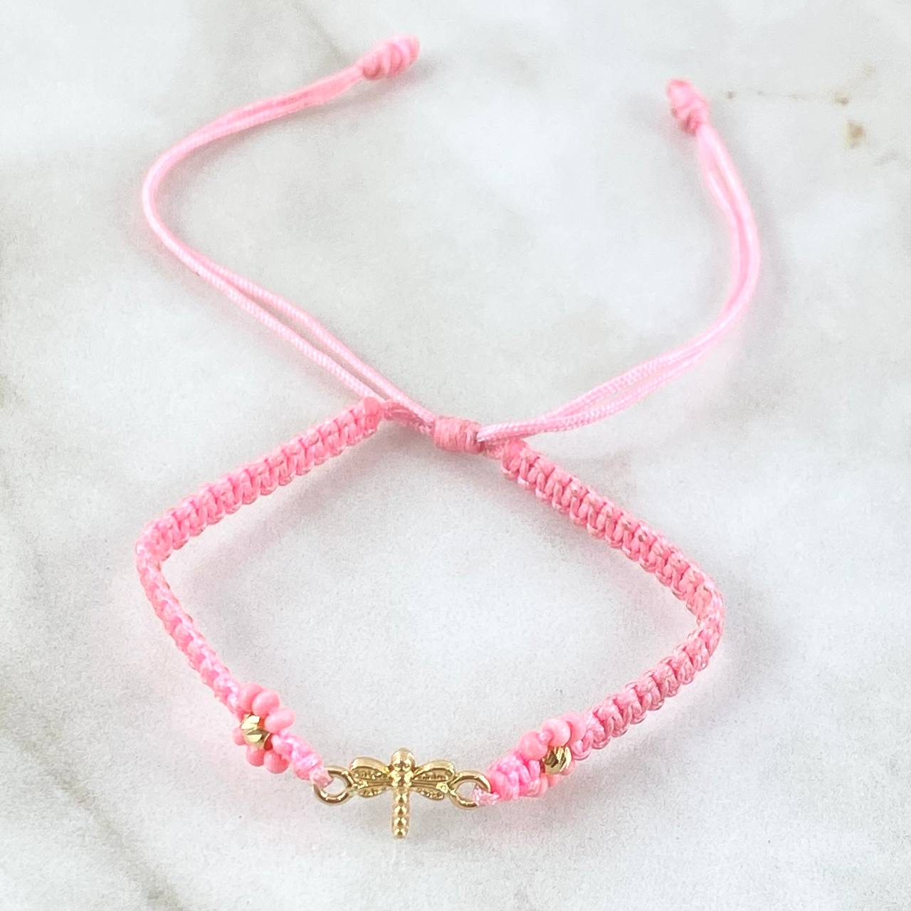 Pulsera Rosada Libelula 0.55gr / 3mm Bolas Diamantadas 2 Und Oro Amarillo 18K *