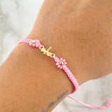 Pulsera Rosada Libelula 0.55gr / 3mm Bolas Diamantadas 2 Und Oro Amarillo 18K *