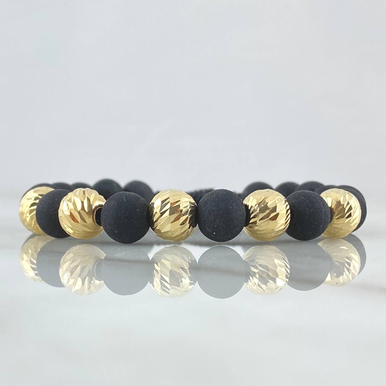 Pulsera Negra Bolas Diamantadas 8mm 5 Und Oro Amarillo 18K (A.C)