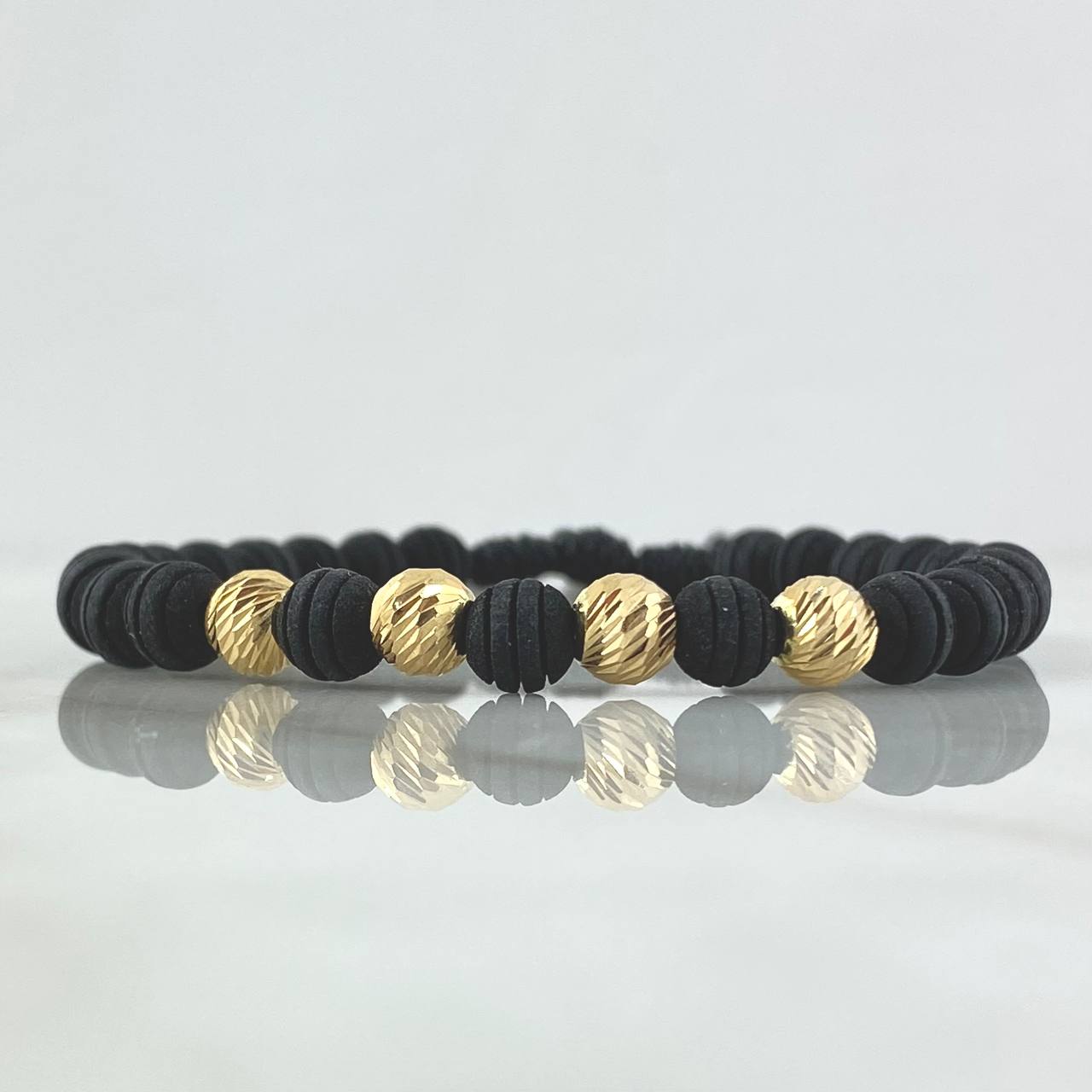 Pulsera Negra Bolas Diamantadas 1.2gr / 6mm 4 Und Oro Amarillo 18K (A.C)