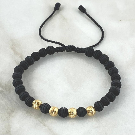 Pulsera Negra Bolas Diamantadas 1.2gr / 6mm 4 Und Oro Amarillo 18K (A.C)