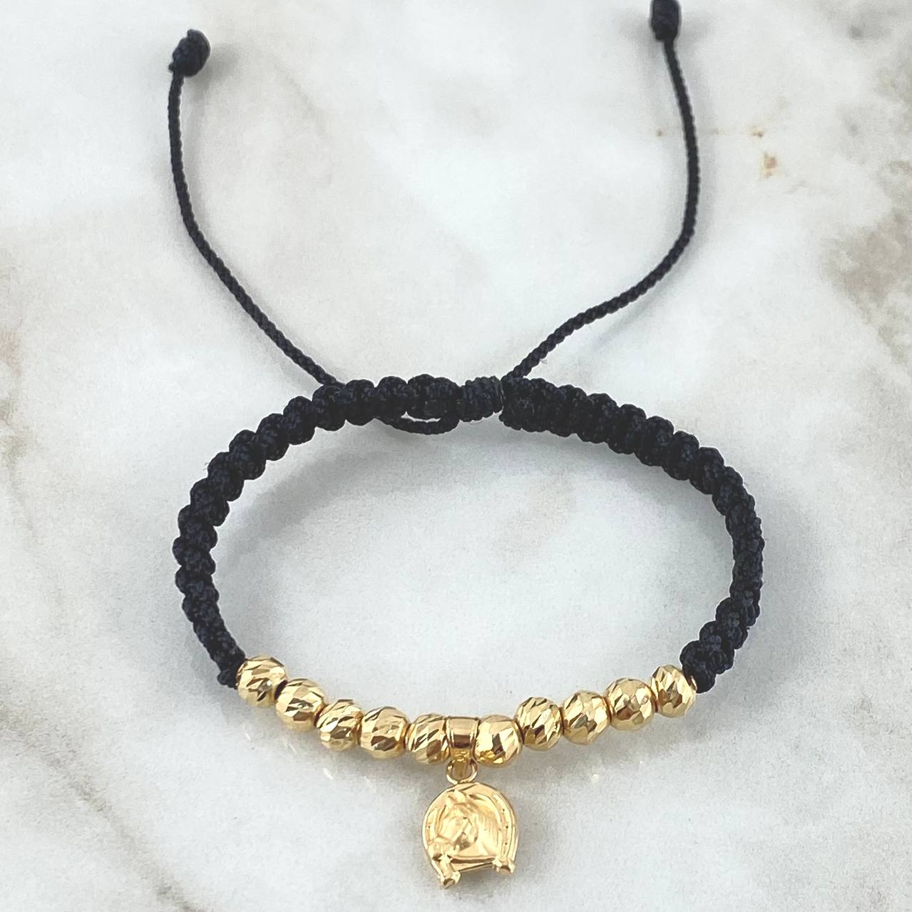 Pulsera Negra Caballo 2.75gr / 5mm Bolas Diamantadas 10 Und Oro Amarillo 18K *