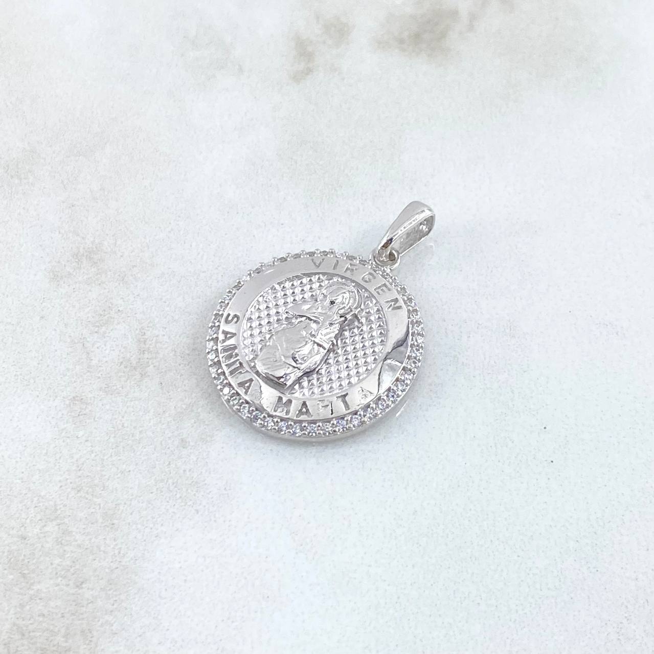 Dije Medalla Virgen María 4.35gr / 2.7cm / Circones Blancos Texturizado Oro Blanco 18K
