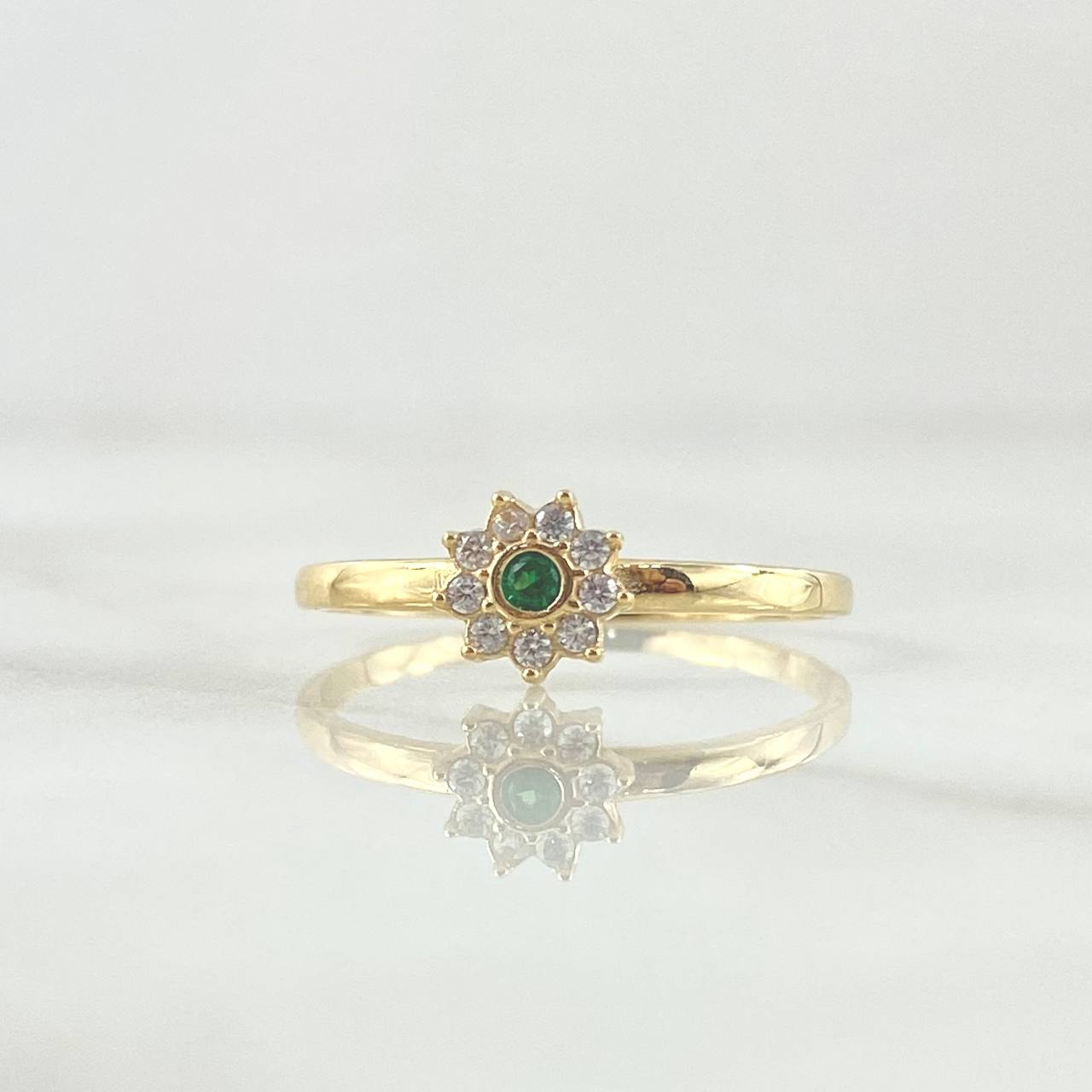 Anillo Flor Nueve Petalos 1.45gr / T7 1/4 / Circones Blancos Verde Oro Amarillo 18K *