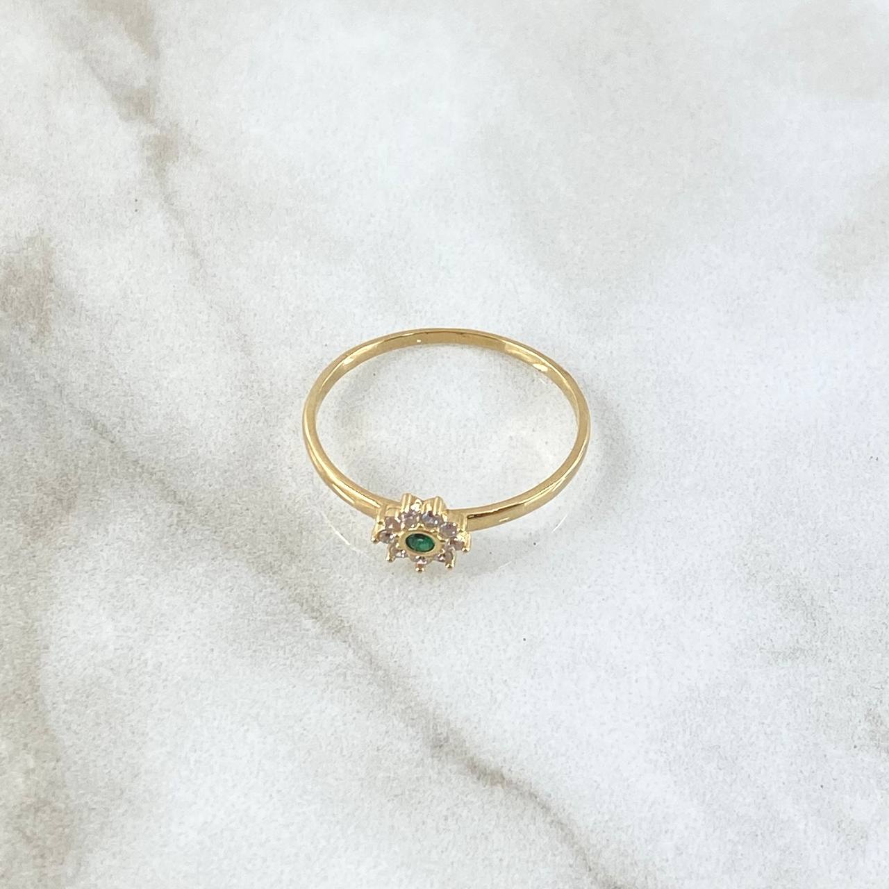 Anillo Flor Nueve Petalos 1.45gr / T7 1/4 / Circones Blancos Verde Oro Amarillo 18K *