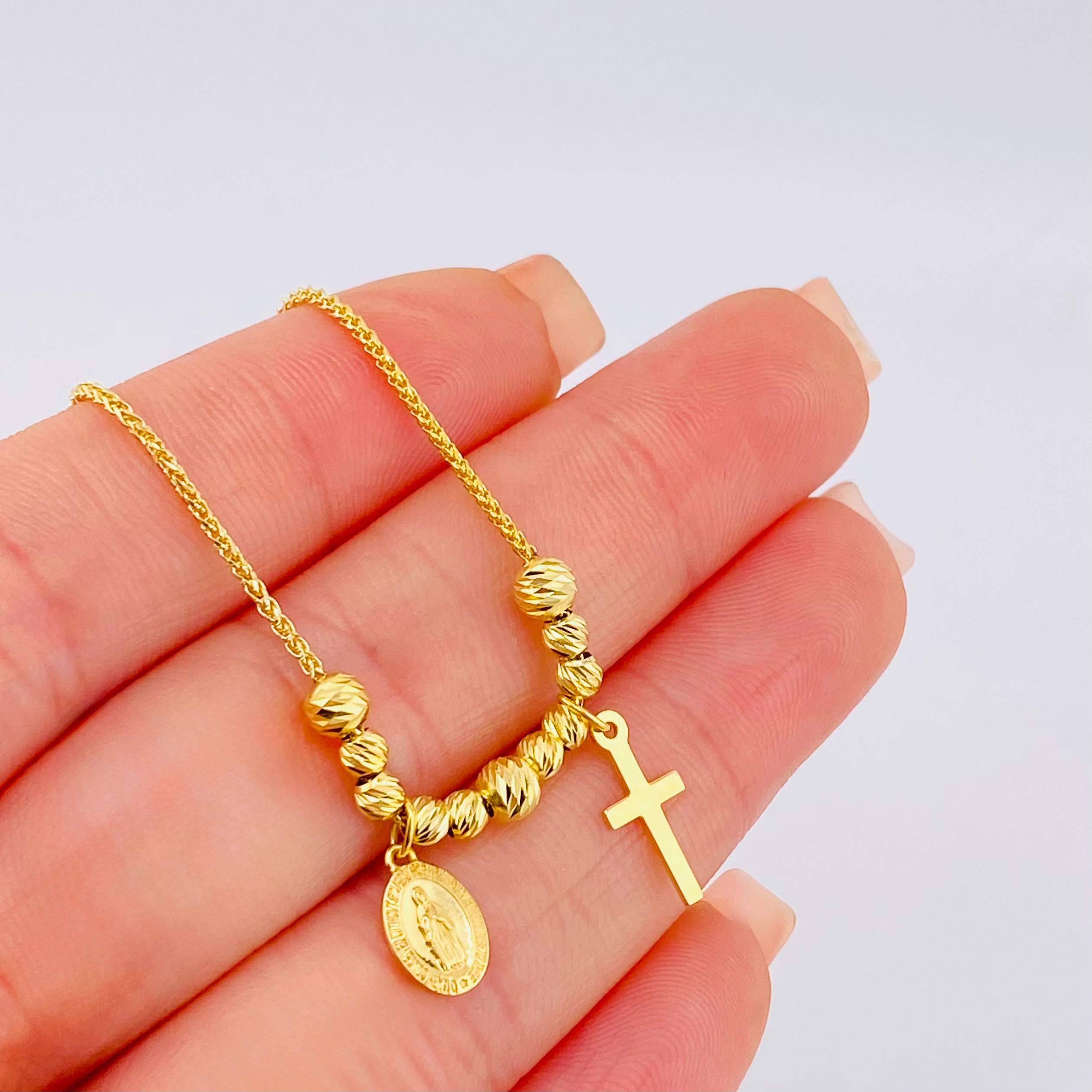 Pulso Franco Virgen Maria Cruz Lisa 3.45gr / 6cm-23cm / 3mm-4mm Oro Amarillo 18K