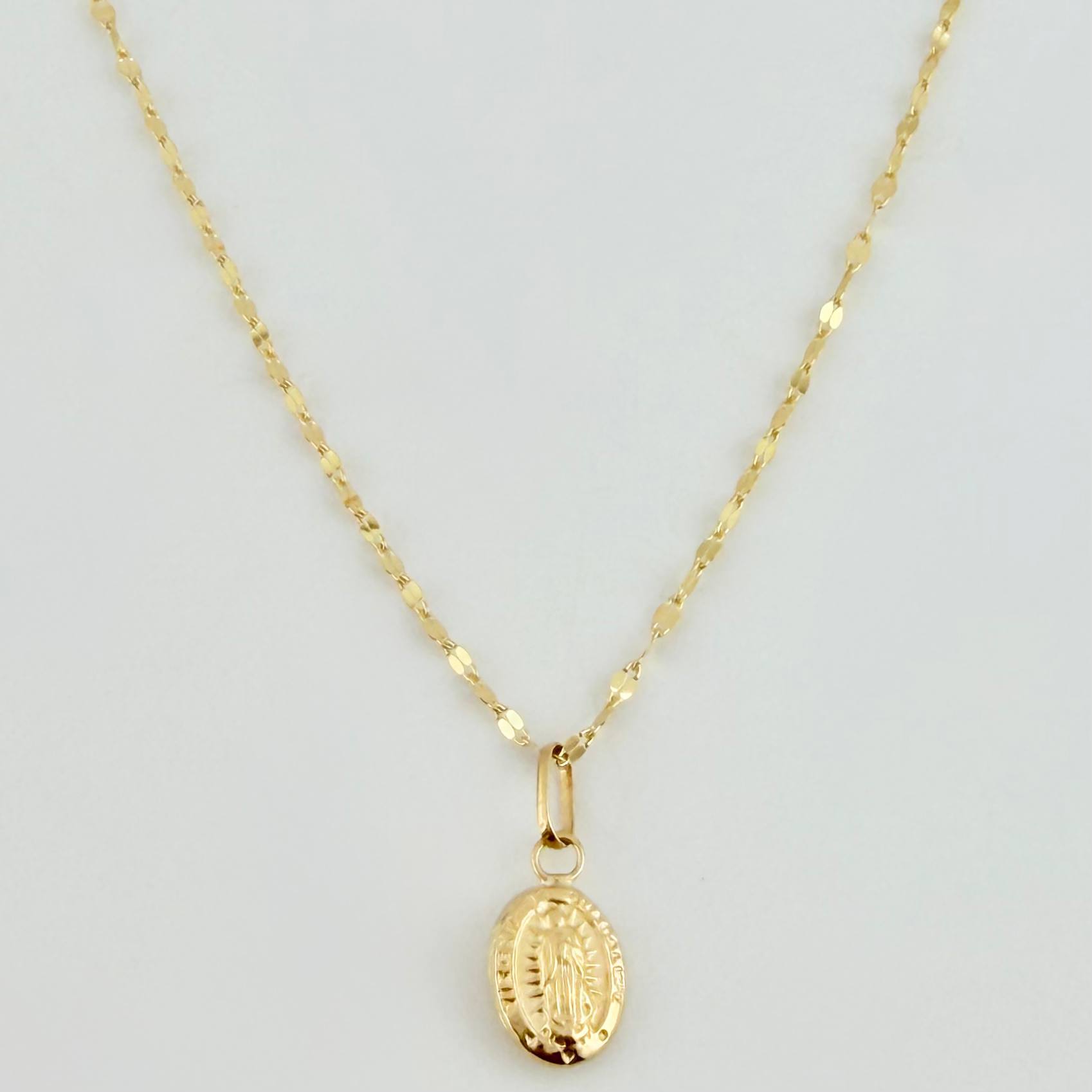 Set Cadena y Dije Flor Espejo + Virgen Guadalupe 1.35gr / 50cm / 1.3mm Oro Amarillo 18K (Oferta) *