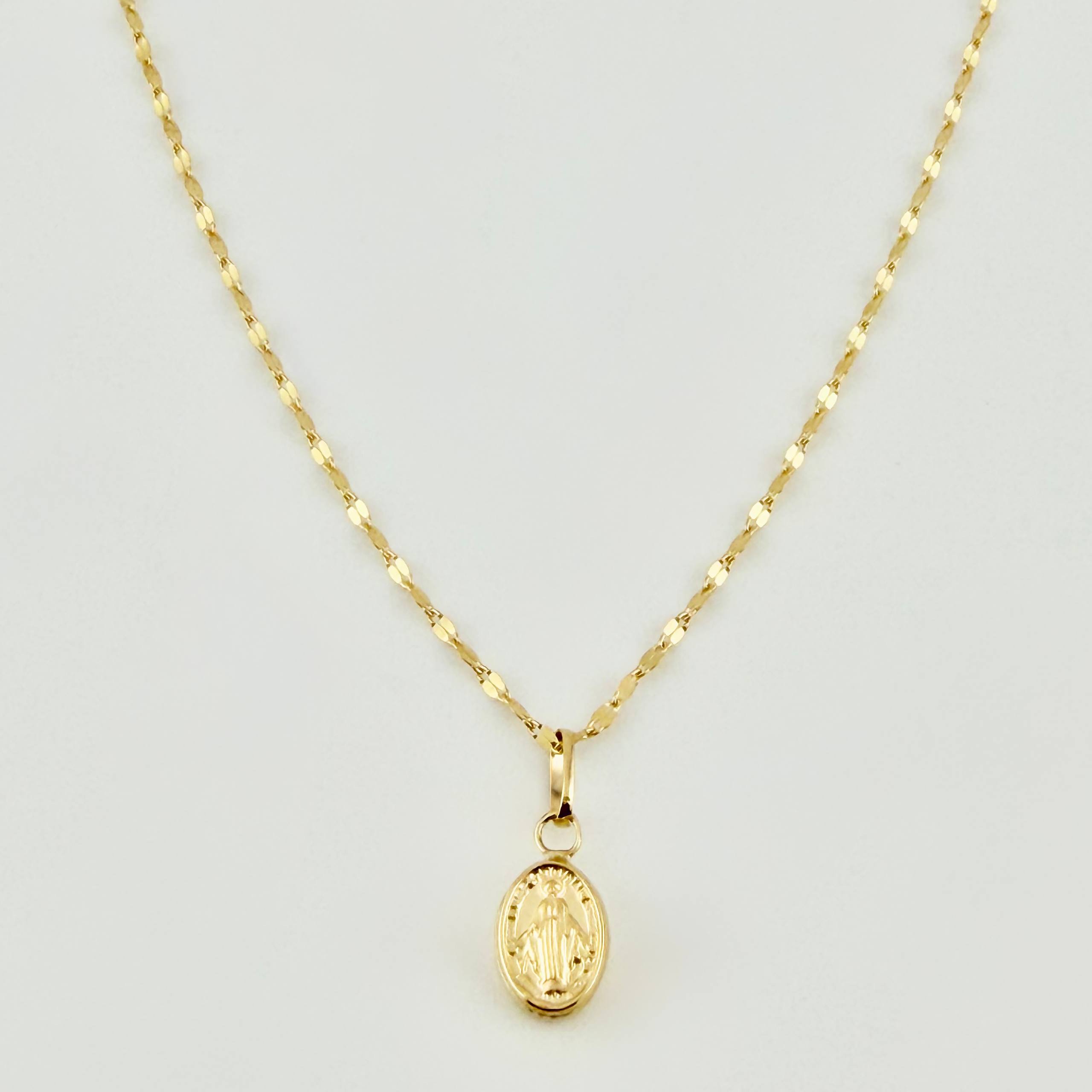 Set Cadena y Dije Flor Espejo + Virgen Milagrosa 1.4gr / 50cm / 1.3mm Oro Amarillo 18K (Oferta)