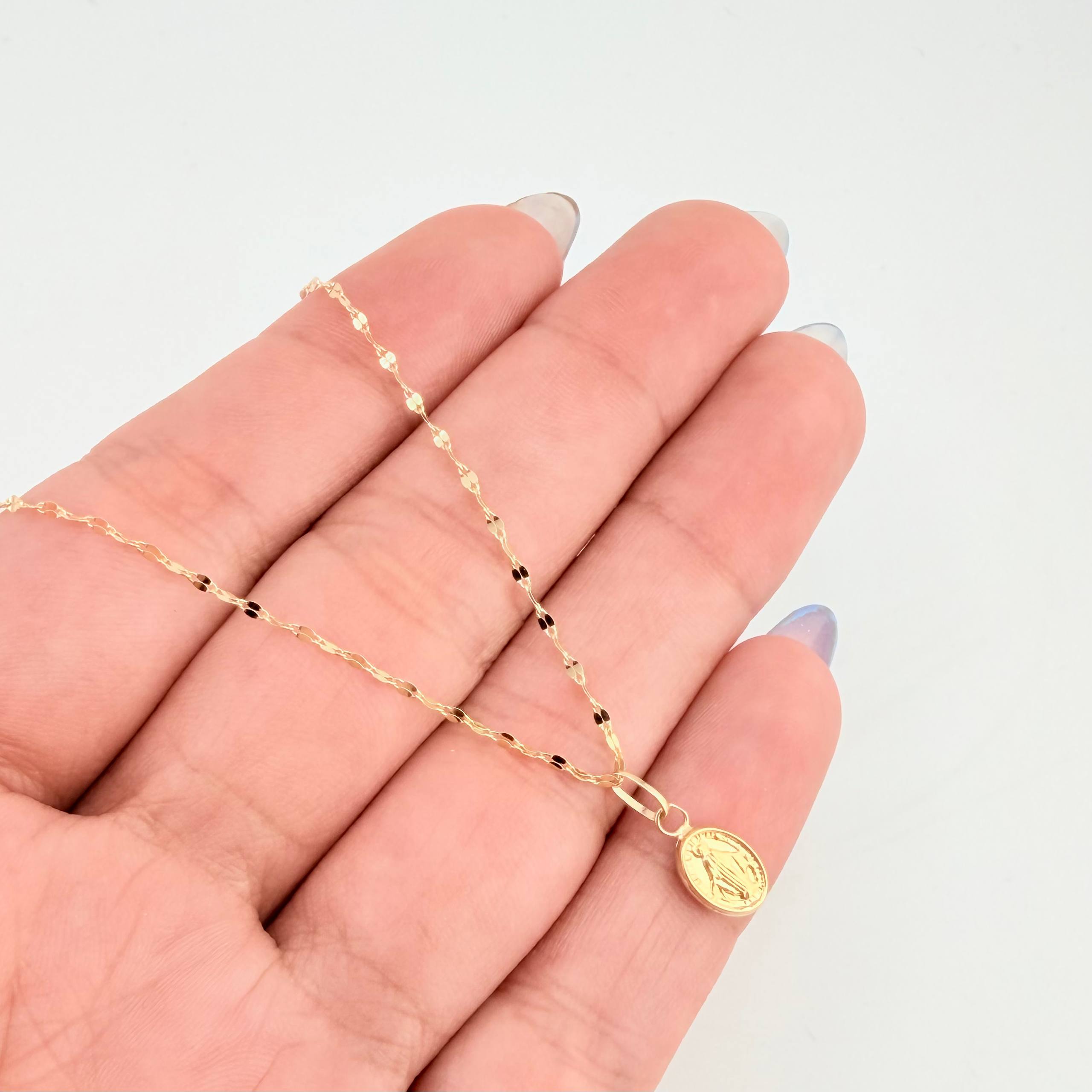 Set Cadena y Dije Flor Espejo + Virgen Milagrosa 1.4gr / 50cm / 1.3mm Oro Amarillo 18K (Oferta) *