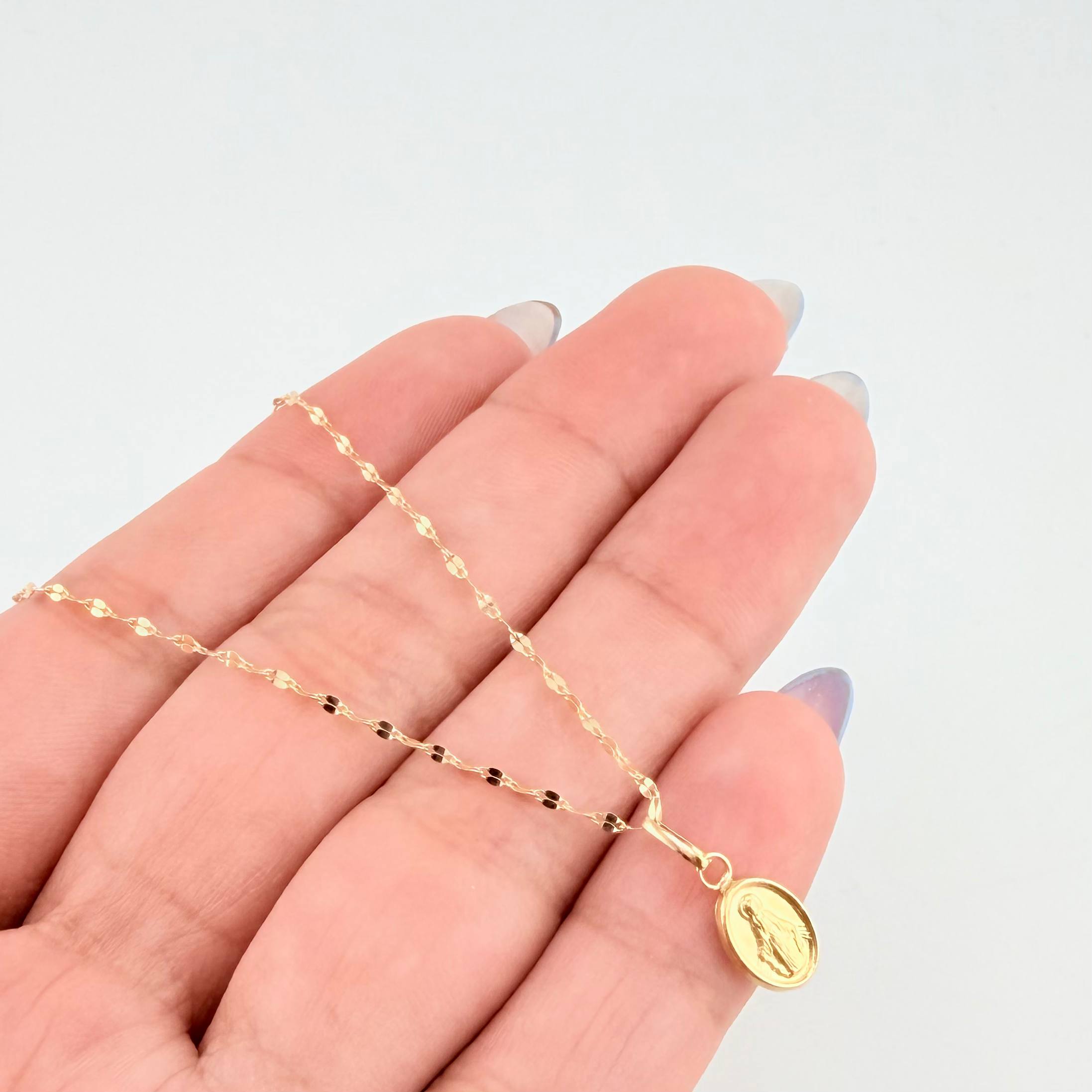 Set Cadena y Dije Flor Espejo + Virgen Milagrosa 1.35gr / 45cm / 1.3mm Oro Amarillo 18K (Oferta) *