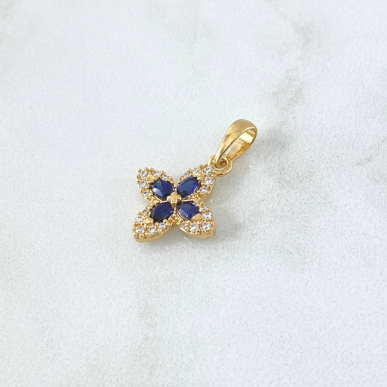 Dije Flor Cruceta 1.7gr / 2.2cm / Circones Blancos - Azules Oro Amarillo 18K