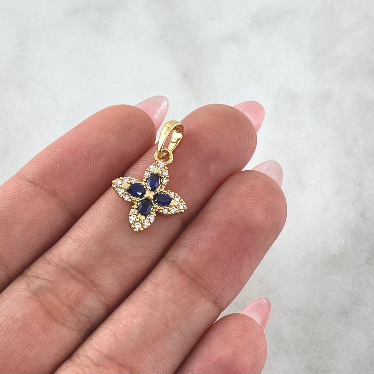Dije Flor Cruceta 1.7gr / 2.2cm / Circones Blancos - Azules Oro Amarillo 18K