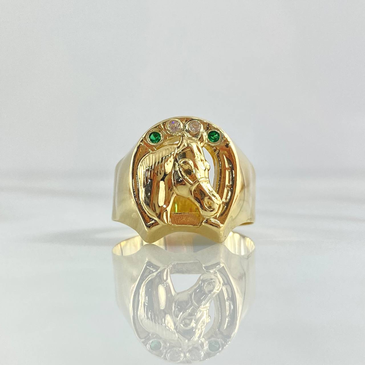 Anillo Herradura Caballo 3.4gr / T10 1/4 / Circones Blancos - Verdes Oro Amarillo 18K ©