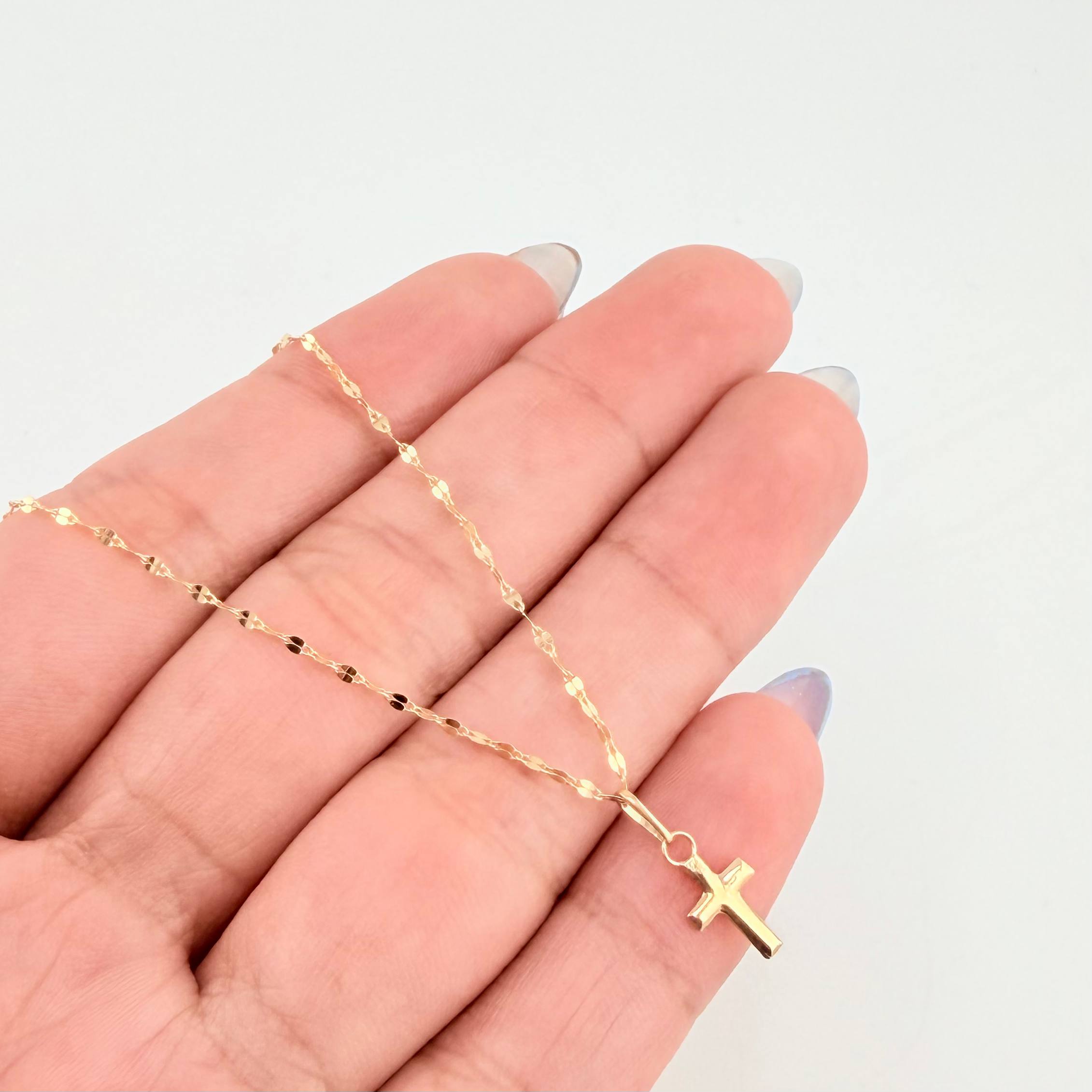 Set Cadena y Dije Flor Espejo + Cruz 1.25gr / 50cm / 1.3mm Oro Amarillo 18K (Oferta) *