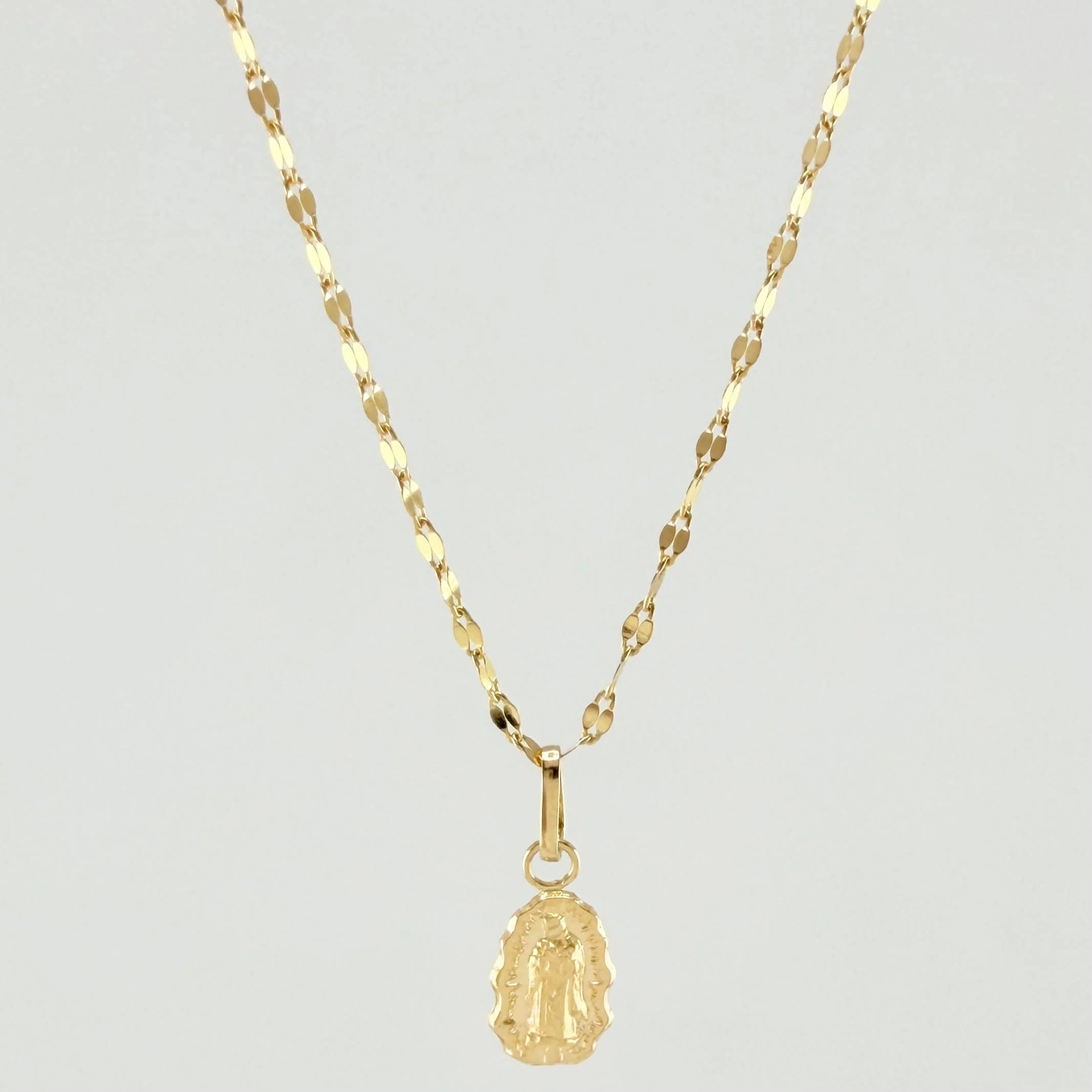 Set Cadena Flor De Espejo + Dije Dije Virgen De La Guadalpule / 1,3gr / 45.5 cm Oro Amarillo 18K
