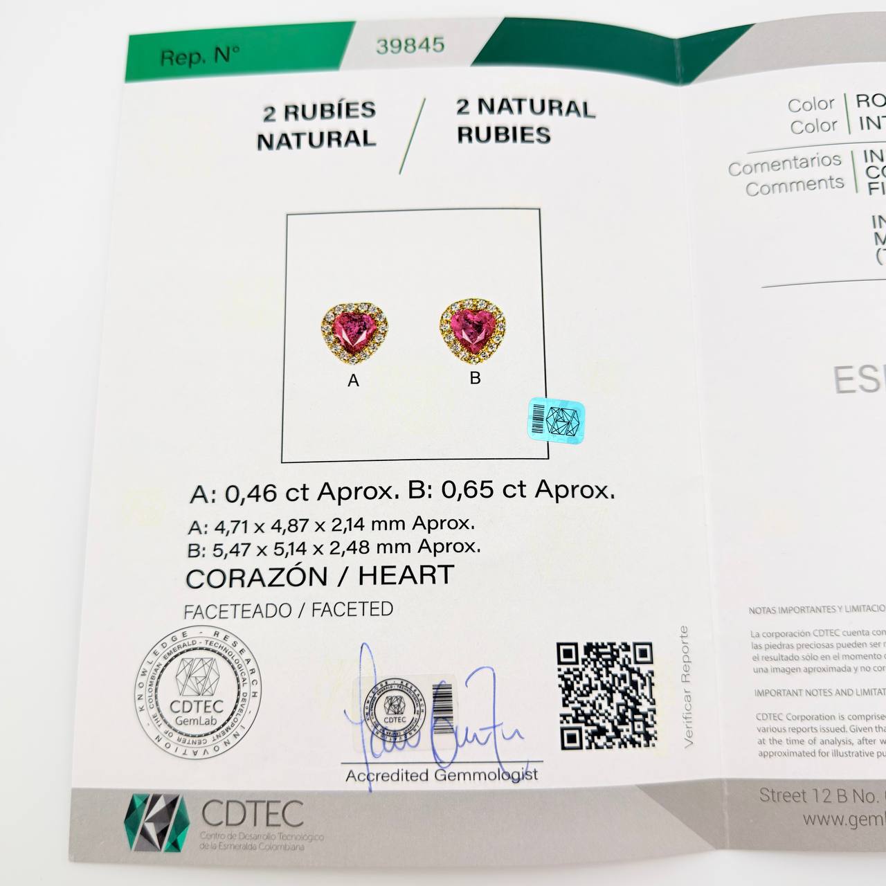 Topos Corazón Rubies 1.11 Qts Diamantes 30pts 2.95gr / 7.6mm Oro Amarillo 18K ©