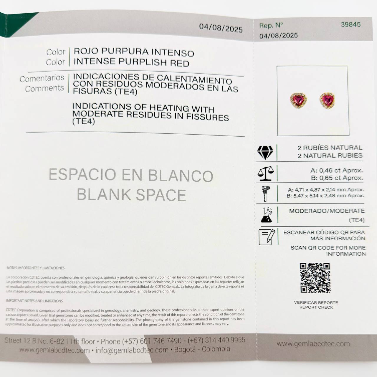 Topos Corazón Rubies 1.11 Qts Diamantes 30pts 2.95gr / 7.6mm Oro Amarillo 18K ©