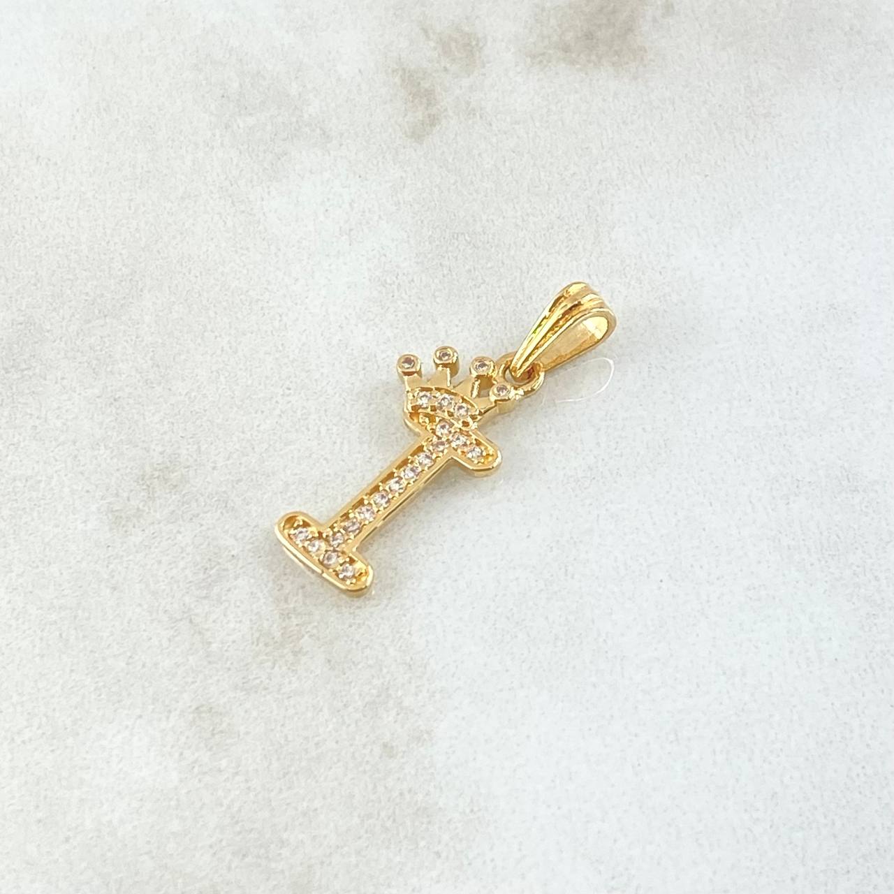Dije Letra I Corona 1.15gr / 2.5cm / Circones Blancos Oro Amarillo 18K