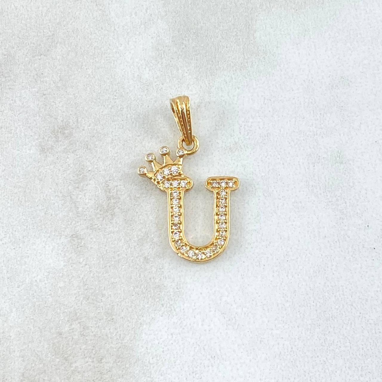 Dije Letra U Corona 1.25gr / 2.5cm / Circones Blancos Oro Amarillo 18K