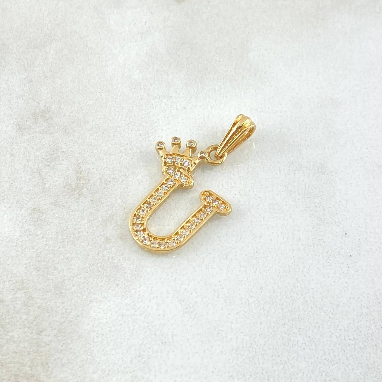 Dije Letra U Corona 1.25gr / 2.5cm / Circones Blancos Oro Amarillo 18K