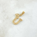 Dije Letra U Corona 1.25gr / 2.5cm / Circones Blancos Oro Amarillo 18K