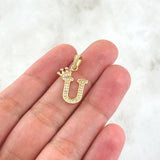 Dije Letra U Corona 1.25gr / 2.5cm / Circones Blancos Oro Amarillo 18K