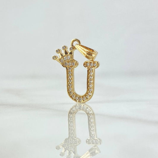 Dije Letra U Corona 1.3gr / 2.5cm / Circones Blancos Oro Amarillo 18K