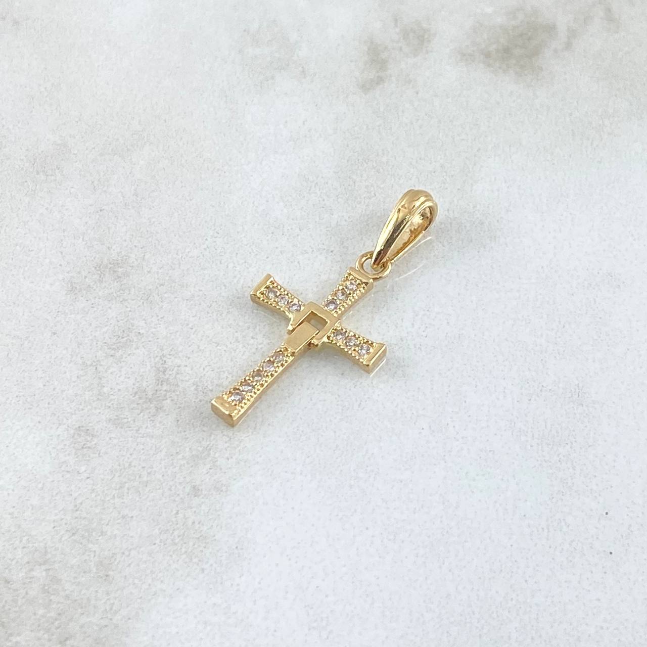 Dije Cruz Movil 1.1gr / 2.5cm / Circones Blancos Oro Amarillo 18K