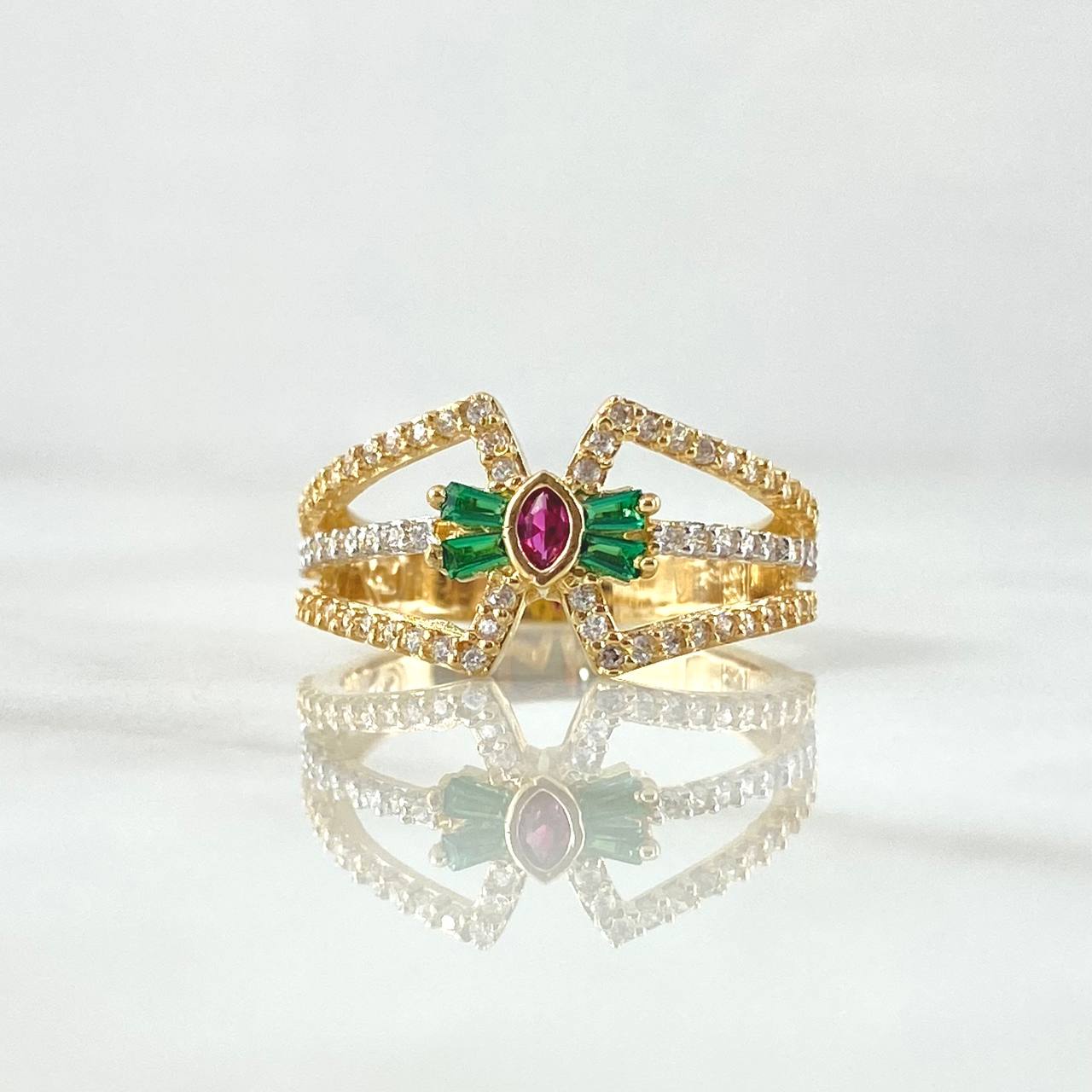 Anillo Moño Lemniscata Recta 3.7gr / T6 1/2 / Circones Blancos Verdes Fucsia Oro Amarillo 18K